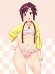  :d bouhatei_tetora breasts checkered checkered_background collarbone fundoshi hachimaki hair_ornament hairclip hand_on_hip headband japanese_clothes jewelry joshiraku looking_at_viewer medium_breasts navel necklace nejiri_hachimaki no_pants open_mouth sarashi shikuta_maru smile solo underboob wedgie yamakasa 