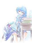  alternate_hairstyle bad_id bad_pixiv_id blue_hair book braid chair covering_mouth crossed_arms cup hair_between_eyes hair_over_shoulder head_rest hinanawi_tenshi long_hair looking_at_viewer moss_(sphere211) puffy_short_sleeves puffy_sleeves red_eyes short_sleeves single_braid sitting skirt solo table teacup touhou 