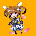  armor brown_hair chibi dress fingerless_gloves gloves hair_ribbon lowres lyrical_nanoha magical_girl mahou_shoujo_lyrical_nanoha mahou_shoujo_lyrical_nanoha_a's mahou_shoujo_lyrical_nanoha_the_movie_2nd_a's open_mouth puffy_sleeves purple_eyes raising_heart ribbon short_twintails simple_background solo takamachi_nanoha twintails unmaki 