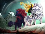  &#332;kami ?kami ambiguous_gender blue_fur canine couple deity female feral fur grypwolf hair issun male mammal mask mountain multi-colored_hair oki poncle snow video_games weapon white_fur wolf 