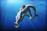  blue blue_hair blue_markings breasts claws clothed clothing digitigrade female fish hair hindpaw marine markings multi-colored multi-colored_body nika_(shark) nipples nude paws piercing pussy shark skimpy soles solo stripes swimming toes underwater water 