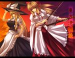  apron bad_id bad_pixiv_id blonde_hair bow braid breasts evening from_side hair_bobbles hair_bow hair_ornament hat hat_bow instrument juri_(shiningred) kirisame_marisa large_breasts letterboxed long_hair long_skirt multiple_girls satsuki_rin side_braid single_braid skirt skirt_set sunset touhou twilight white_bow wide_sleeves witch_hat yellow_eyes 