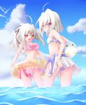  2girls :&lt; :d back ball bare_legs beach_ball beachball blush breasts cleavage crimson-undertaker heterochromia inner_tube innertube midriff multiple_girls nekono open_mouth original red_eyes silver_hair smile swimsuit water wet yellow_eyes 