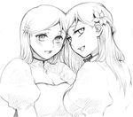  2girls bleach blush dual_persona flower forehead-to-forehead forehead_to_forehead hair_flower hair_ornament inoue_orihime julion_(akesuzu) looking_at_viewer looking_back monochrome multiple_girls open_mouth sketch slit_eyes slit_pupils smile traditional_media 