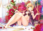 1girl :d ahoge babydoll bangs bare_arms bare_legs bare_shoulders barefoot bed_sheet black_babydoll black_panties blonde_hair blurry blurry_foreground blush bow braid breasts cleavage collarbone commentary_request depth_of_field eyebrows_visible_through_hair fate/extra fate_(series) fingernails flower green_eyes hair_between_eyes hair_bow hair_bun hair_intakes hands_up head_tilt highres jin_young-in large_breasts legs multi-strapped_panties navel nero_claudius_(fate) nero_claudius_(fate)_(all) open_mouth panties petals pillow red_bow red_flower red_rose ribbon rose rose_petals sidelocks sitting smile solo toenails underwear underwear_only white_background yellow_ribbon 