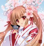  :d absurdres bird bird_on_hand brown_hair carnelian cherry_blossoms copyright_request finch flower hair_flower hair_ornament highres japanese_clothes java_sparrow miko open_mouth red_eyes smile twintails 