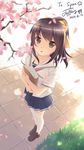  black_hair blush book brown_eyes cherry_blossoms dated from_above grass holding holding_book jeffery_(backam) looking_up original petals ponytail school_uniform serafuku skirt solo thighhighs white_legwear wind 