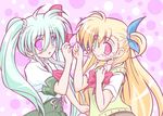  blonde_hair blue_eyes blush bow einhart_stratos green_eyes green_hair hair_ribbon long_hair lyrical_nanoha mahou_shoujo_lyrical_nanoha_vivid multiple_girls open_mouth pinky_swear red_eyes ribbon shinooka_itsuya short_sleeves smile twintails vivio 