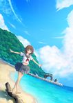  1girl balancing barefoot beach brown_hair cloud dutch_angle highres hill log midriff navel ocean original outstretched_arms pier school_uniform serafuku shadow short_hair sky smile solo spread_arms stairs summer yumemizuki 