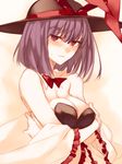  bare_shoulders blush bow bowtie breast_hold breasts cleavage detached_collar embarrassed hat large_breasts leotard looking_at_viewer nagae_iku purple_hair red_eyes shawl shiren_(monochrome_structure) short_hair solo touhou 