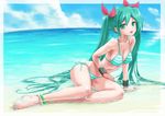  :d anklet aqua_hair arm_support barefoot beach bikini breasts cleavage cloud day feet fisheye green_eyes green_hair hatsune_miku highres jewelry long_hair medium_breasts nail_polish ocean open_mouth outdoors partially_submerged rasukaru shiny shiny_skin side-tie_bikini sitting skindentation sky smile solo striped striped_bikini swimsuit toenail_polish twintails very_long_hair vocaloid water wet yokozuwari 