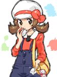  bag blush bow brown_hair cabbie_hat chikorita cyndaquil gen_2_pokemon hat holding holding_poke_ball kotone_(pokemon) low_twintails overalls poke_ball poke_ball_(generic) pokemon pokemon_(creature) pokemon_(game) pokemon_hgss simple_background tegaki totodile twintails white_background 