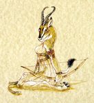  bow bow_(weapon) dress female gazelle heather_bruton plain_background ranged_weapon sitting solo weapon 
