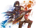  alvin_(tales) bad_id bad_pixiv_id black_hair boots brown_eyes brown_hair clenched_teeth coat dual_wielding gun holding janne1230 jude_mathis knee_boots male_focus multiple_boys one_knee pants serious sword tales_of_(series) tales_of_xillia teeth weapon 