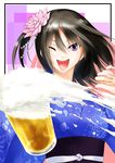  ;d alcohol beer flower hair_flower hair_ornament japanese_clothes kyougoku_touya long_hair looking_at_viewer one_eye_closed one_side_up open_mouth original purple_eyes smile solo 