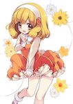  :d blonde_hair blush casual daffodil daisy floral_background flower hairband kise_yayoi looking_at_viewer open_mouth orange_eyes orange_skirt precure short_hair skirt skirt_tug smile smile_precure! socks solo white_hairband yellow_eyes yukiwo 