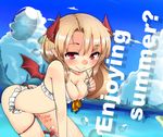  bent_over bikini blonde_hair blush breasts cleavage demon_horns demon_tail full_body horn_ring horns long_hair looking_at_viewer medium_breasts mole mole_under_eye moshi_(atelier33-4) original pointy_ears red_eyes smile solo summer swimsuit tail text_focus water wings 
