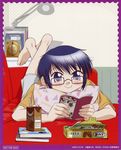  absurdres artist_request barefoot blue_eyes blue_hair blush casual couch glasses hidamari_sketch highres juice_box official_art pillow pillow_hug reading sae scan smile solo 