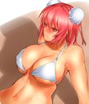  bare_shoulders blush bowalia breasts double_bun ibaraki_kasen large_breasts navel pink_eyes pink_hair short_hair solo sweat touhou upper_body 