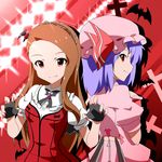  bat_wings blue_hair brown_hair cross crossover fingerless_gloves forehead fueiku gloves hair_ornament hairband hat hat_ribbon idolmaster idolmaster_(classic) long_hair minase_iori multiple_girls my_dear_vampire nail_polish puffy_sleeves red_eyes remilia_scarlet ribbon short_hair smile touhou wings 