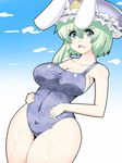  animal_ears breasts bunny_ears cleavage cloud day fake_animal_ears futaba_suetsuki green_eyes green_hair hat large_breasts one-piece_swimsuit open_mouth shiki_eiki short_hair sky smile solo swimsuit touhou 