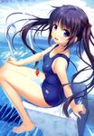  1girl absurdres alpha_(yukai_na_nakamatachi) arm_support artist_request bare_legs bare_shoulders barefoot black_hair blue_eyes cover cover_page feet from_above hair_bobbles hair_ornament highres long_hair one-piece_swimsuit original pool pool_ladder school_swimsuit sitting smile solo starting_block swimsuit twintails water wet 