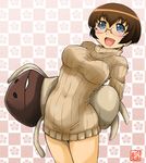  blush breasts brown_hair covered_navel crossover dress glasses grey_eyes medium_breasts naked_sweater nameko_(osawari_tantei) open_mouth ore_no_imouto_ga_konna_ni_kawaii_wake_ga_nai osawari_tantei ribbed_sweater rokujou_mugi short_hair smile solo sweater sweater_dress tamura_manami 