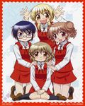  :d absurdres artist_request blonde_hair blue_eyes blue_hair blush brown_eyes brown_hair double_bun glasses hair_ornament hairclip hidamari_sketch highres hiro loafers looking_at_viewer miyako multiple_girls official_art open_mouth pink_hair red_eyes sae scan school_uniform shoes short_hair skirt smile yellow_eyes yuno 