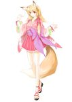  animal_ears ankle_lace-up blonde_hair cross-laced_footwear fox_ears fox_tail full_body highres japanese_clothes kimono kimono_skirt kyougoku_touya original red_eyes sandals simple_background smile solo tail white_background 