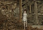  asymmetrical_hair bad_id bad_pixiv_id bandages barefoot brown_eyes hair_ornament hairclip industrial iwakura_lain kahama_youko monochrome rubble ruins sepia serial_experiments_lain short_hair solo stuffed_animal stuffed_toy 