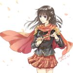  akademeia_uniform bad_id bad_pixiv_id blue_eyes brown_hair cape dated deuce_(fft-0) final_fantasy final_fantasy_type-0 flute instrument kagalin long_hair miniskirt petals signature skirt solo 