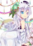  :3 absurdres arm_support ass bad_id bad_pixiv_id bare_shoulders bent_over blue_eyes canon_(nyori) detached_sleeves flower hair_flower hair_ornament hat heterochromia highres long_hair looking_at_viewer nyori original red_eyes solo white_background white_hair 