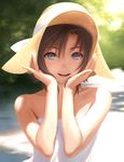  bare_shoulders black_hair blue_eyes blush brown_hair dress face hat highres idolmaster idolmaster_(classic) kikuchi_makoto nekopuchi open_mouth short_hair smile solo straw_hat sun_hat sunlight 