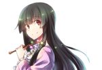  black_hair bow branch face houraisan_kaguya jeweled_branch_of_hourai long_hair long_sleeves red_eyes satsumi smile solo touhou white_background wide_sleeves 