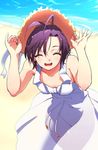  :d ^_^ antenna_hair aya_shachou bare_shoulders black_hair blush closed_eyes dress hands_on_headwear hat hat_tug highres idolmaster idolmaster_(classic) kikuchi_makoto open_mouth purple_hair short_hair smile solo straw_hat sundress 