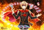  ace_(fft-0) akademeia_uniform artist_name bad_id bad_pixiv_id blonde_hair blue_eyes cape card final_fantasy final_fantasy_type-0 fire kagalin male_focus scarf signature solo watermark web_address 