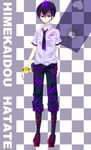  belt brush cellphone genderswap genderswap_(ftm) hat hata-tan himekaidou_hatate male_focus necktie pants phone purple_eyes purple_hair shiratsuyu short_sleeves solo tokin_hat touhou 