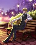  artist_name bench blonde_hair bow bowtie can cigarette closed_eyes durarara!! heiwajima_shizuo kagalin lamppost male_focus night pavement sitting smile solo sunglasses vest waistcoat watermark web_address yellow_eyes 