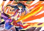  bad_id bad_pixiv_id blue_hair fingerless_gloves food fruit gloves hat hinanawi_tenshi leaf long_hair peach puffy_sleeves rock shindou_kamichi short_sleeves smile solo sword sword_of_hisou touhou weapon yellow_eyes 