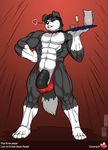  &lt;3 abs anthro balls beverage biceps big_muscles big_penis black_hair bow_tie bulge canine clothed clothing dog erection eyes_closed hair half-dressed male mammal max_blackrabbit muscles pecs penis skimpy speedo swimsuit thick_penis topless vein veins waiter 