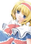  alice_margatroid blonde_hair blue_eyes capelet closed_mouth face hairband highres sash short_hair smile solo touhou white_background yanagise 