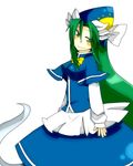  blue_capelet blush bow capelet ghost_tail green_eyes green_hair hat long_hair long_sleeves mima reio smile solo touhou touhou_(pc-98) white_background 