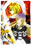  absurdres animal black_hair blonde_hair blush gradient_hair hair_ornament highres hijiri_byakuren long_hair long_sleeves multicolored_hair multiple_girls open_mouth puffy_sleeves purple_hair reio shawl short_hair tiger toramaru_shou touhou two-tone_hair wide_sleeves yellow_eyes 