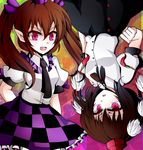  bad_id bad_pixiv_id brown_hair hat highres himekaidou_hatate kuroi_paseri long_hair multiple_girls necktie open_mouth puffy_sleeves red_eyes shameimaru_aya short_hair short_sleeves tokin_hat touhou twintails upside-down 