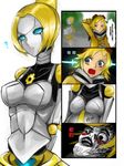  1girl ? blonde_hair blue_eyes blush_stickers breast_rest breasts chinese ezreal gears glowing glowing_eyes highres kumiko_shiba league_of_legends medium_breasts meme orianna_reveck robot short_hair translated 