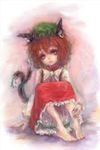  animal_ears barefoot bloomers bow bowtie brown_hair cat_ears cat_tail chen claws earrings eyelashes faux_traditional_media fingernails hat hiepita_(1014) highres jewelry long_fingernails multiple_tails red_eyes short_hair sitting sketch solo tail touhou underwear 