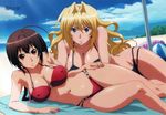  2girls absurdres beach bikini blonde_hair blue_eyes bra breasts brown_hair highres large_breasts multiple_girls musubi official_art panties red_eyes sekirei short_hair smile summer swimsuit tsukiumi underwear 