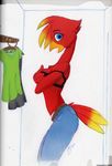  avian banjo-kazooie beak bird bra breasts clothing covering covering_self dress feather female jeans kazooie looking_at_viewer pants red red_body sixcolors solo underwear unknown_artist 