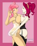  big_breasts breast_squish breasts butt butt_grab cherry_jubilee_(mlp) earing friendship_is_magic hair kloudmutt lingerie mole mrs_cake_(mlp) my_little_pony pink_hair red_hair two_tone_hair 