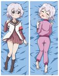  barefoot blood blue_eyes closed_eyes dakimakura glasses highres ikeda_chitose nanamori_school_uniform school_uniform serafuku short_hair silver_hair vzmk2 yuru_yuri 